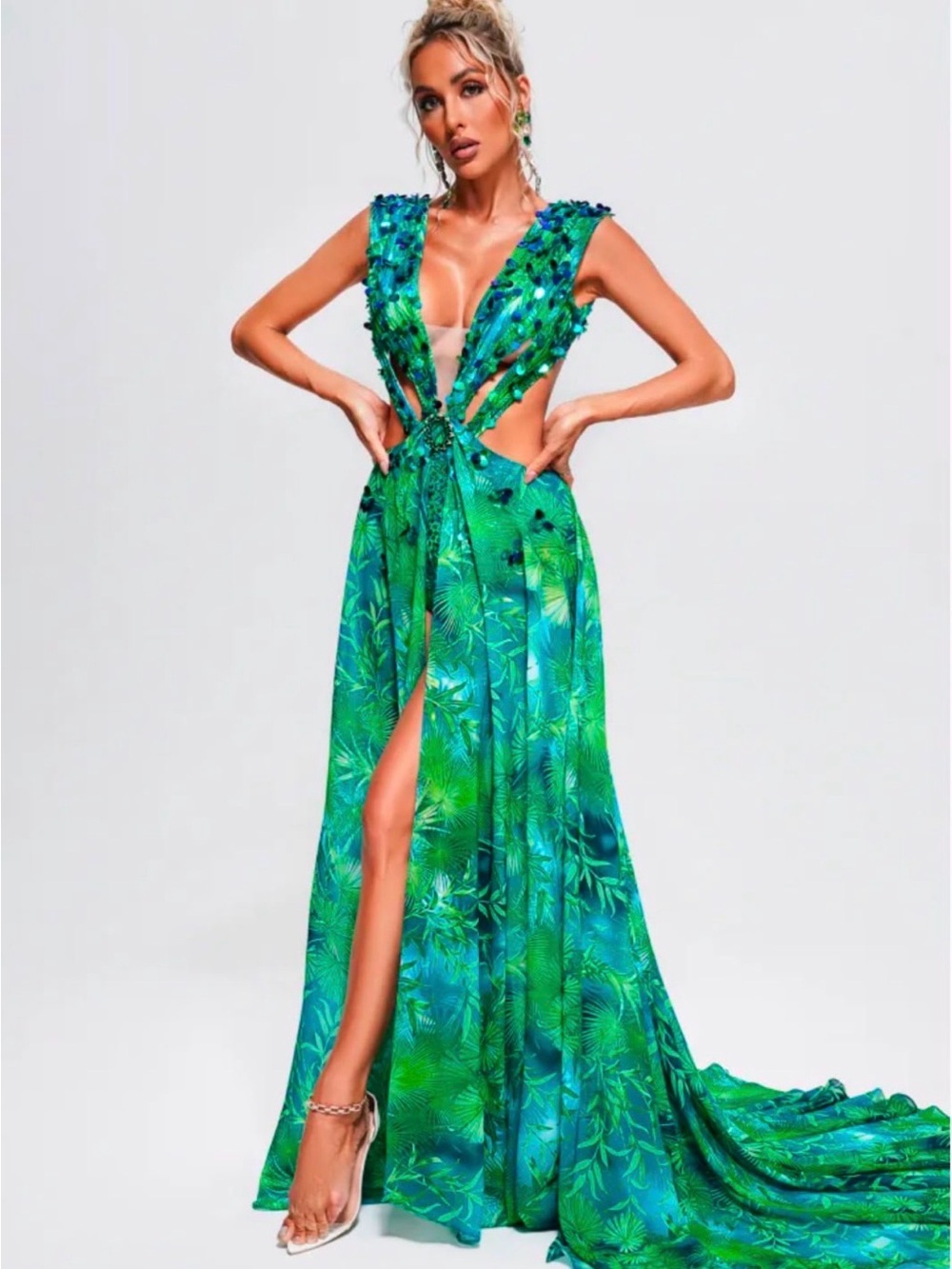 Green Tropical Plunge Maxi Dress with Side Slit